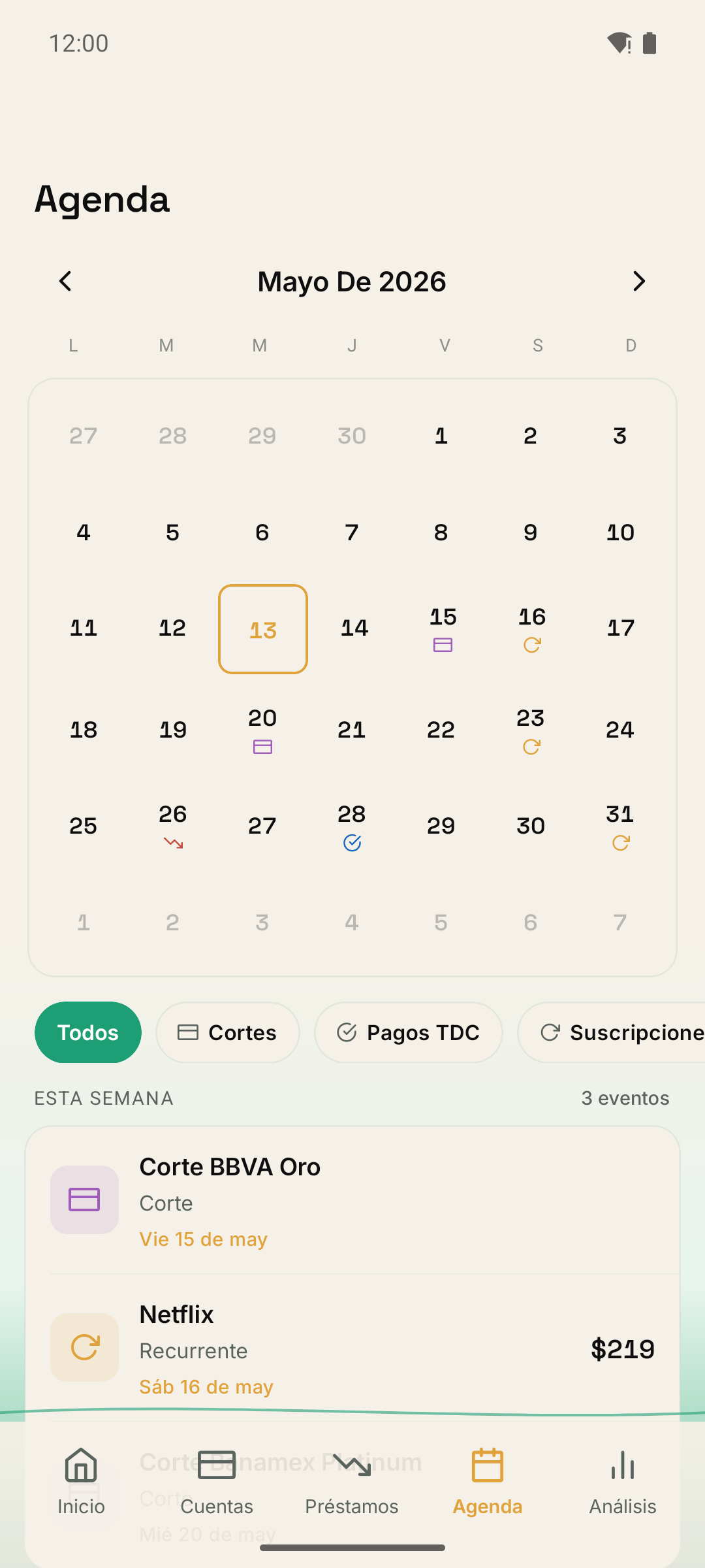 Pantalla de Agenda con calendario