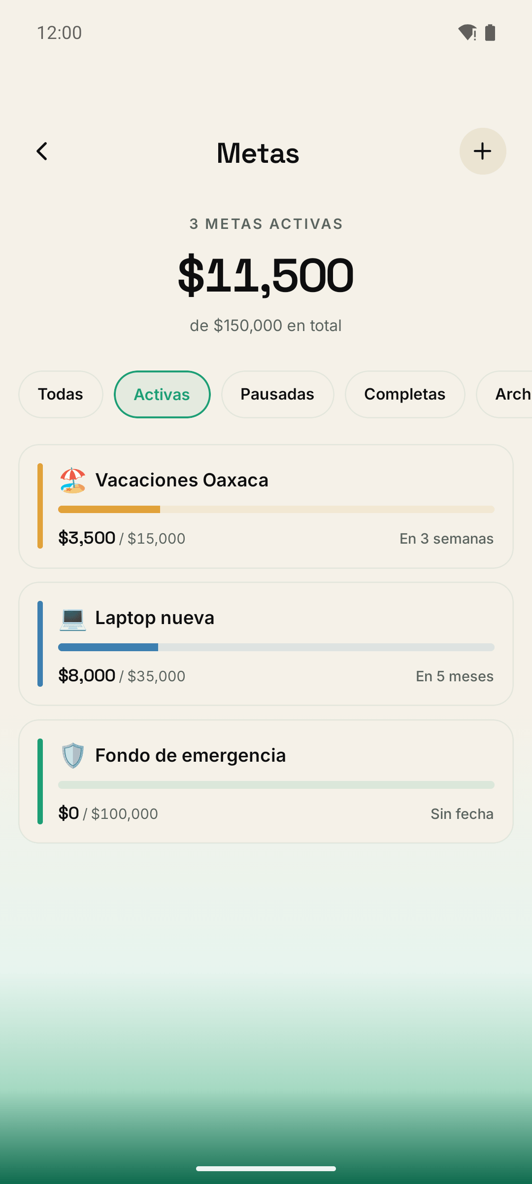 Pantalla de Metas con proyección