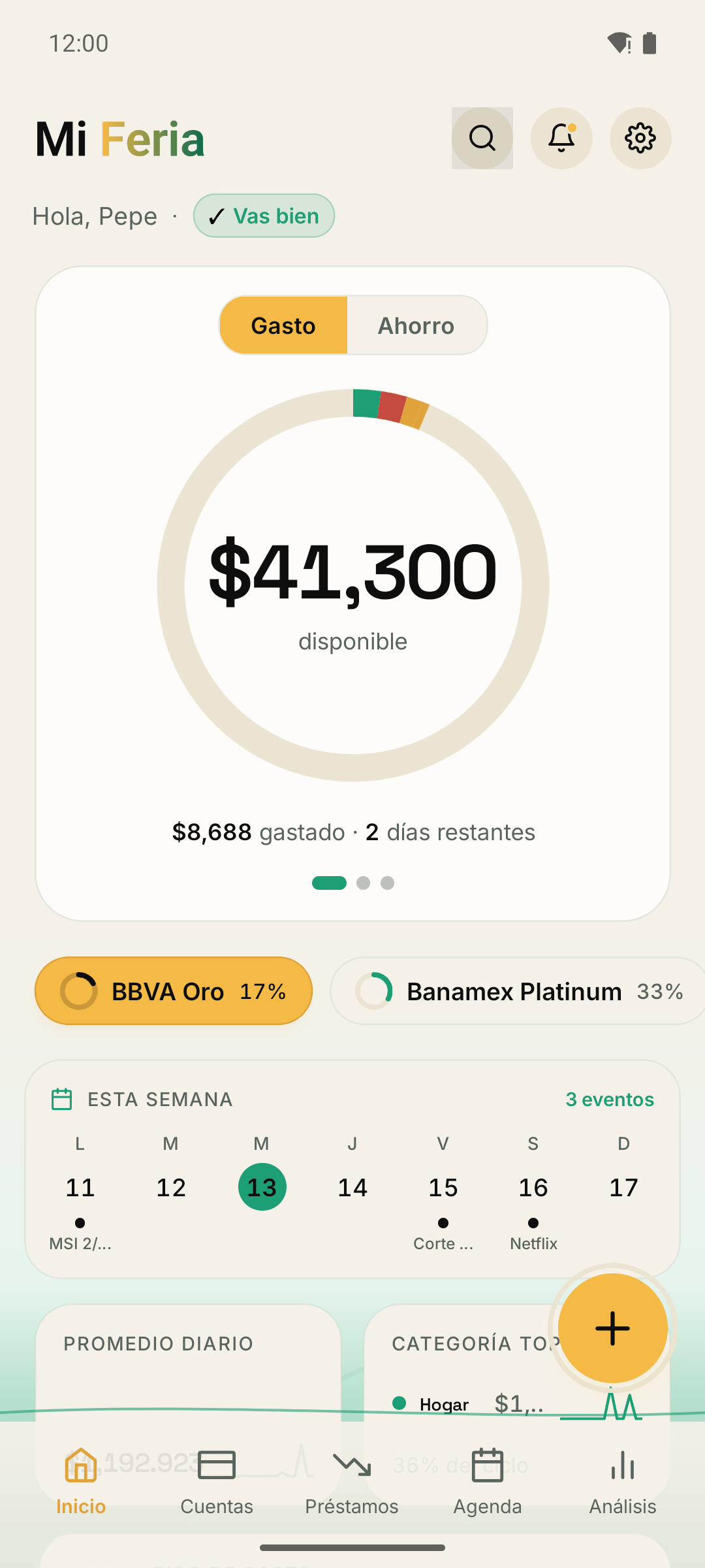 Pantalla principal de Mi Feria mostrando el saldo, ciclos de tarjeta y actividad reciente