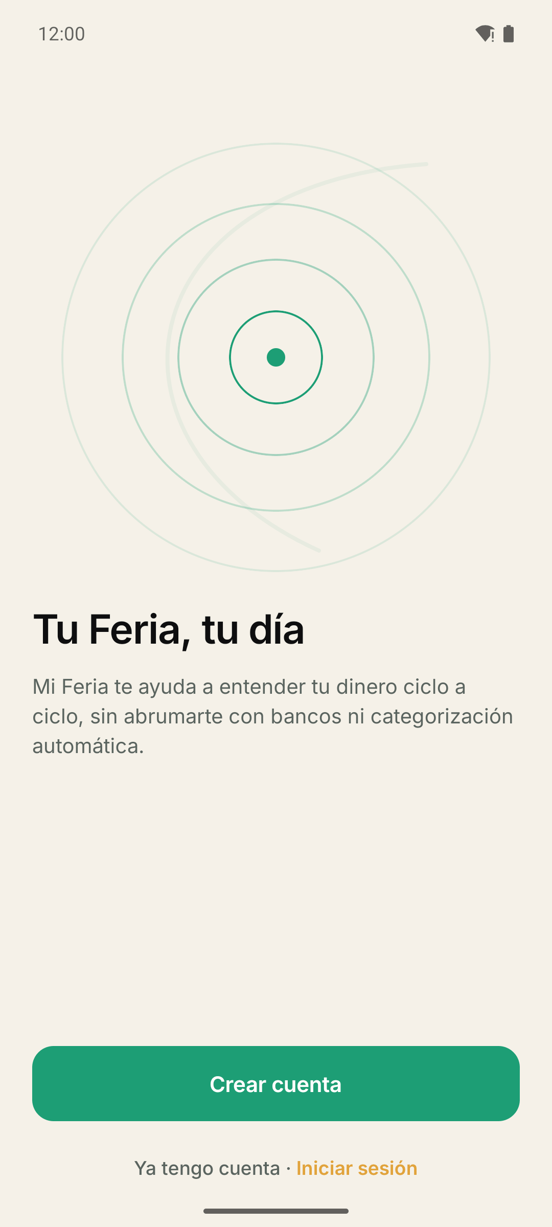 Pantalla de bienvenida al abrir la app