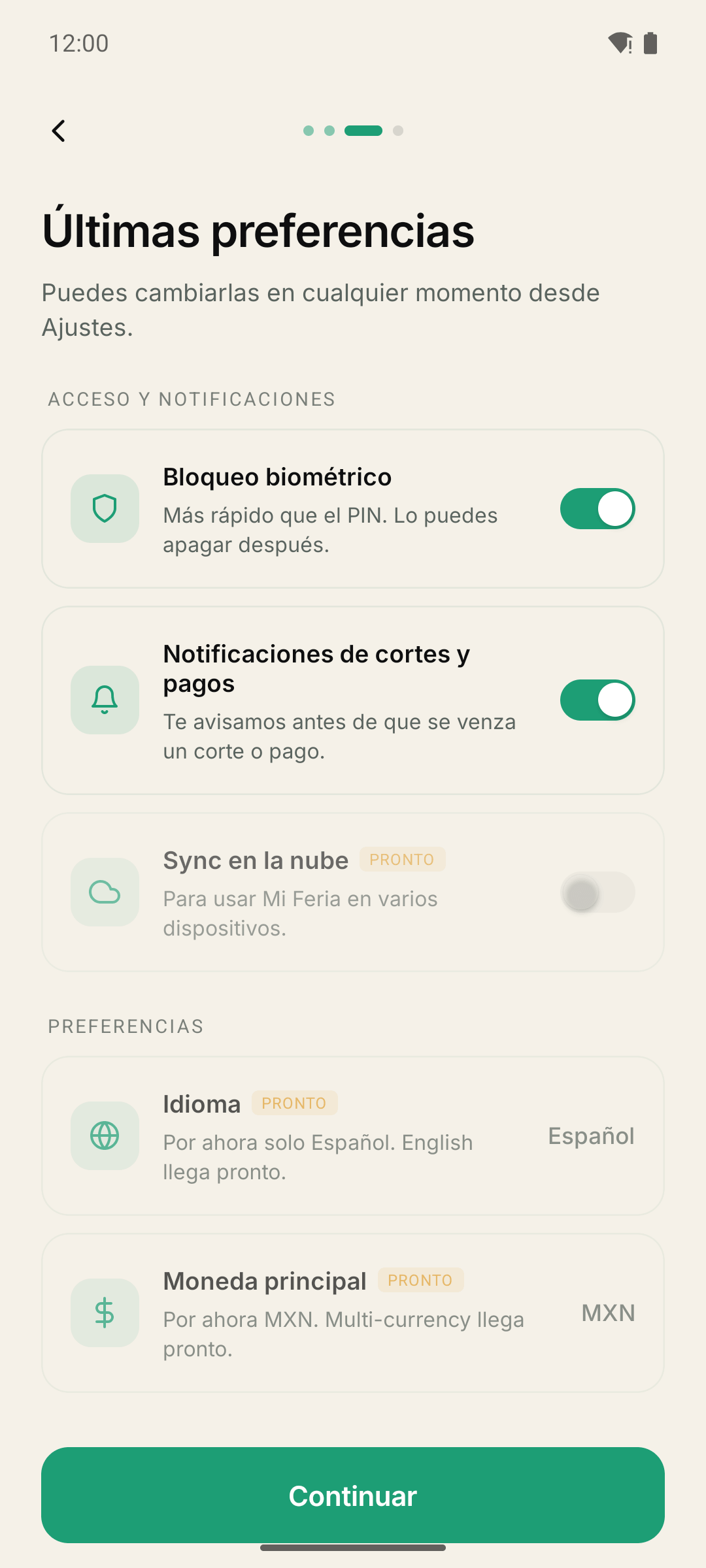 Preferencias iniciales: idioma, moneda, biometría