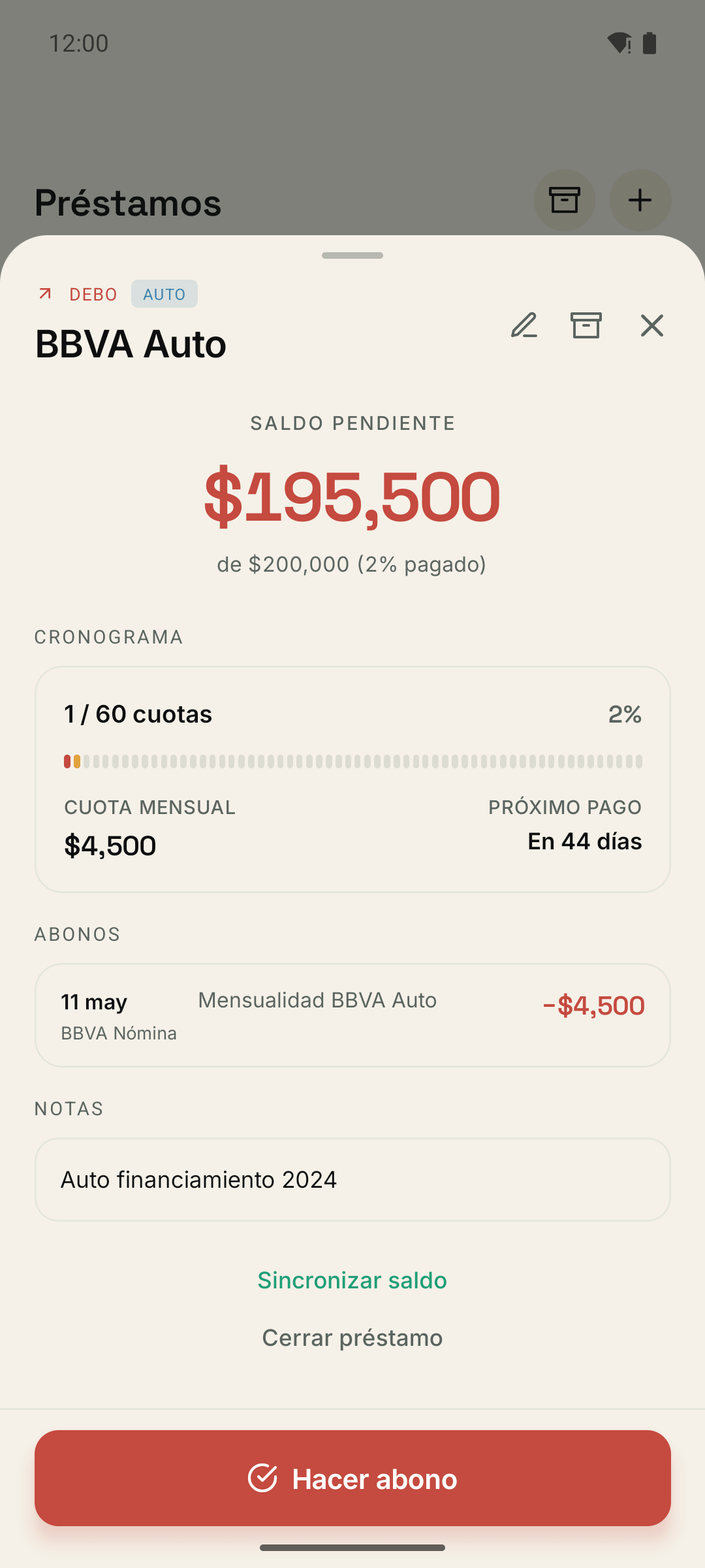 Detalle de préstamo con plan