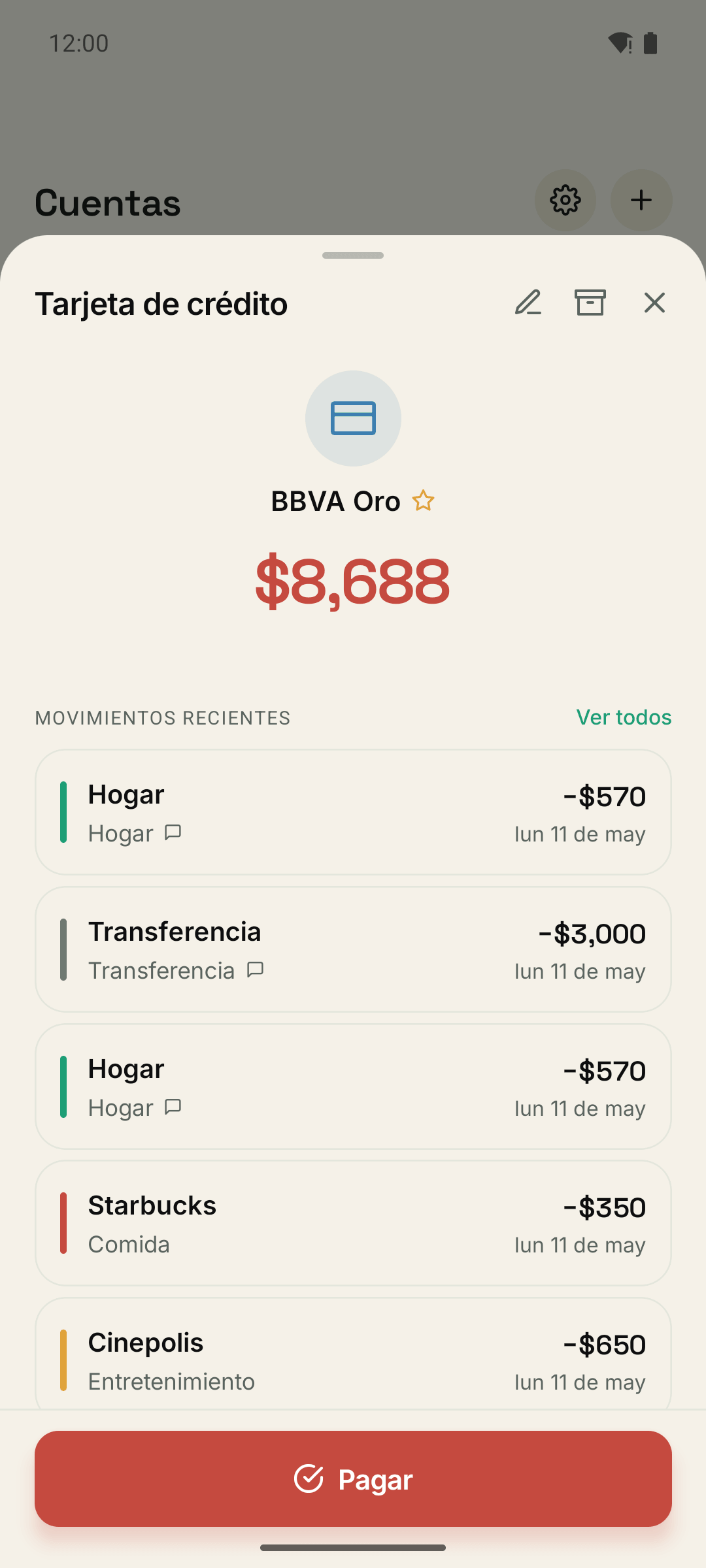 Detalle de tarjeta con ciclo activo